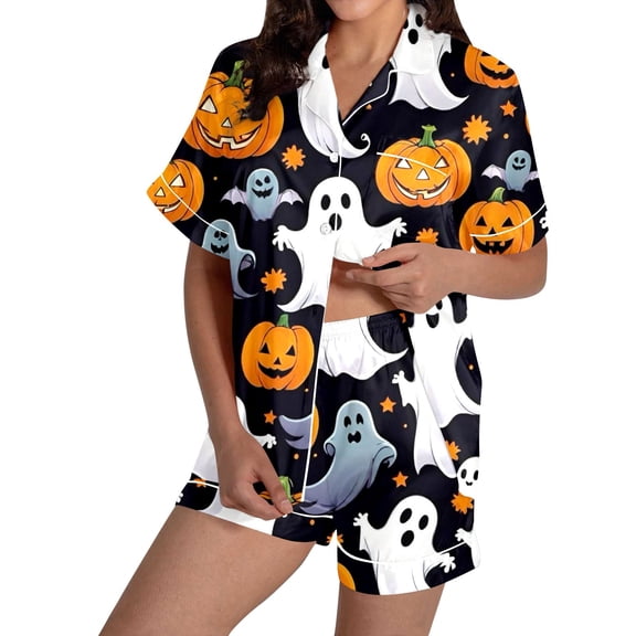 Halloween Silk Pajamas Women Satin Pajama Sets for Women Comfortable Two-Piece Short Sleeve Sleepwear with Playful Halloween Themed Print and Cozy Shorts Black S