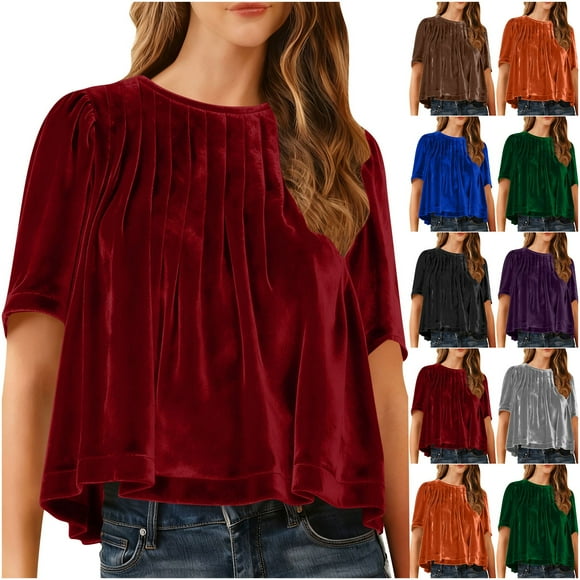 VKOYWKM Velvet Tops for Women Short Sleeve Pleated Babydoll Velvet Shirt Elegant Loose Dressy Casual Blouse Tops for Holiday Party