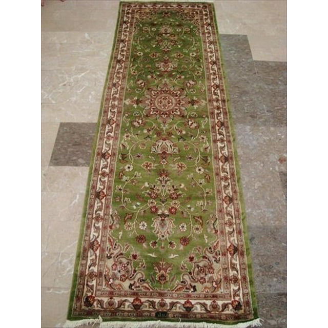Exclusive Green Floral Kashan Soft Hand Knotted Hall Way Runner Rug (7.11 x 2.7)'