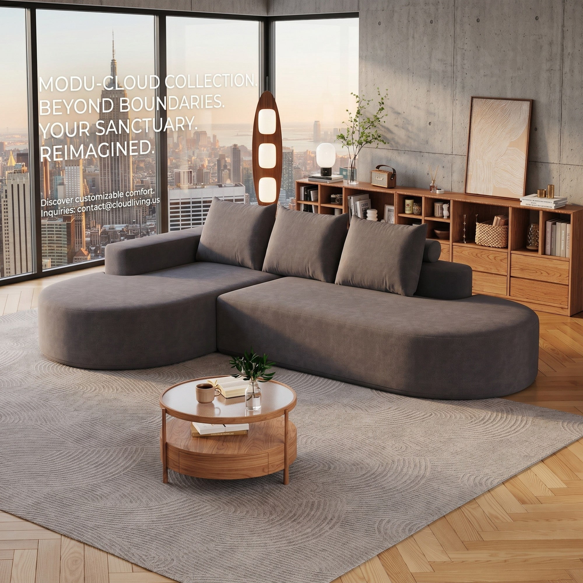 Sailvan 108.5" Modern Curved Chenille Sectional Sofa, Modular L-Shaped Couch with 3 Pillows Grey
