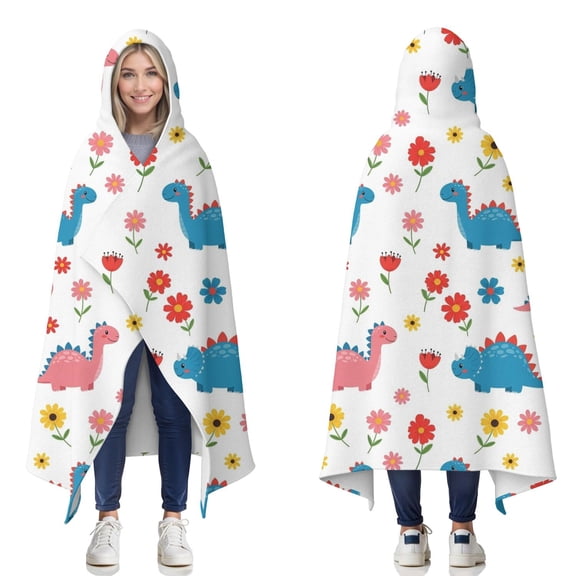 Wearable Blanket,White Cartoon Dinosaurs Flowers Pattern Hooded Wearable Flannel Blanket for Adults & Teens,Winter Poncho Shawl Wrap Cape Cozy Anti-Pill,50"x60"