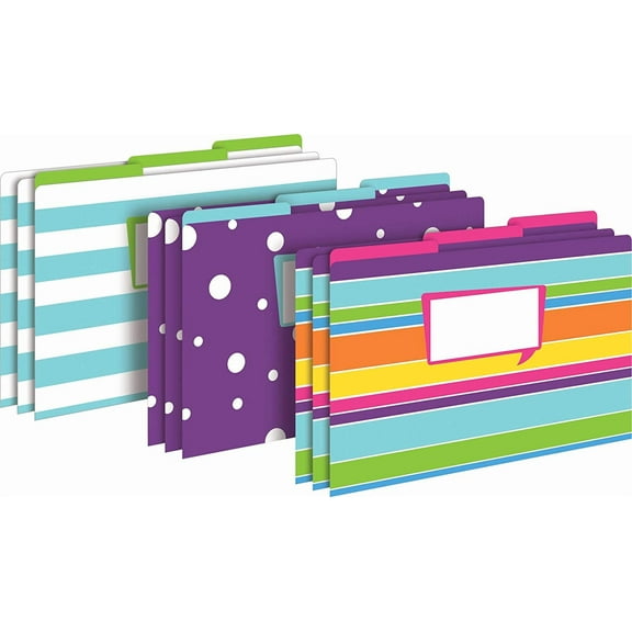 Barker Creek Designer File Folders, Happy, Multicolor, Multi-Design Set with Multicolor Designs on Outside, Solid Colors on Tabs and Inside, Legal Size File Folders, 1/3 Cut Tabs, Pack of 9