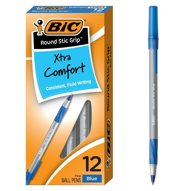 Bic Round Stic Grip Xtra-Comfort Bolígrafo Fino, Azul, Paquete De 12