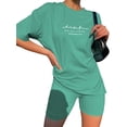 thumbnail image 1 of Daeful Tracksuit Set Elastic Waist Sportswear Crew Neck Outfits Women's Solid Letters Two Pieces Sweatsuit 2# Green L, 1 of 9