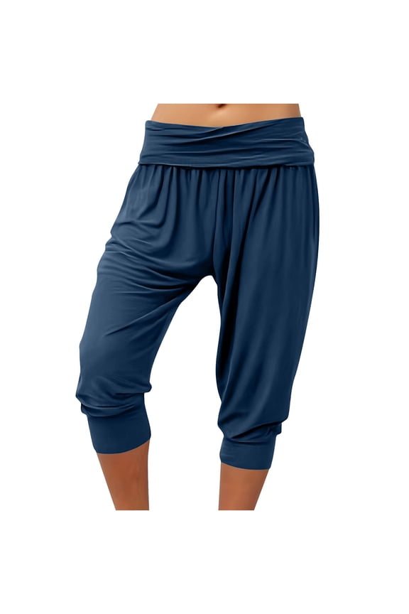Women Solid Cuffed Ankle Capri Pants, Elastic Drawstring Waist Side Pockets Slimming Casual Daily Trousers Navy L