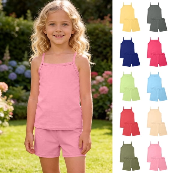 Tranfacy Girls 4-15Y Summer Solid Thin Spaghetti Strap Tank Top Shorts Casual Round Neck Matching Suits