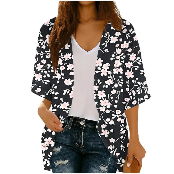 successthop Womens Beach Cover Up Casual Open Front Knitwear Vacation 3/4 Sleeve Cardigan Floral Beach Clothes Black L