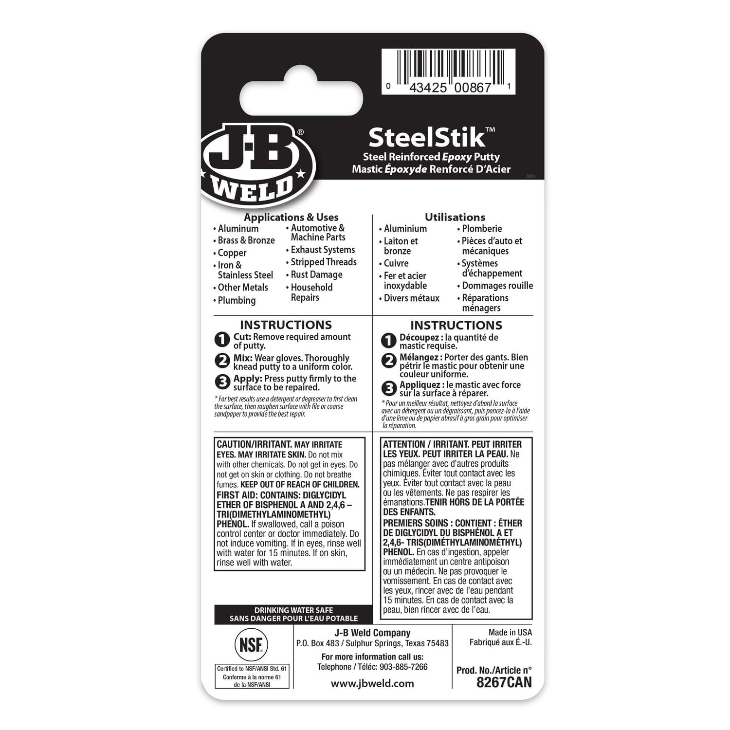 Bâton de mastic époxy SteelStik™ J-B Weld57g Mastic époxy renforcée l’acier