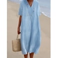 thumbnail image 1 of Vestido de mujer de algodón y lino de color liso con escote en V grande y moderno, 1 of 6
