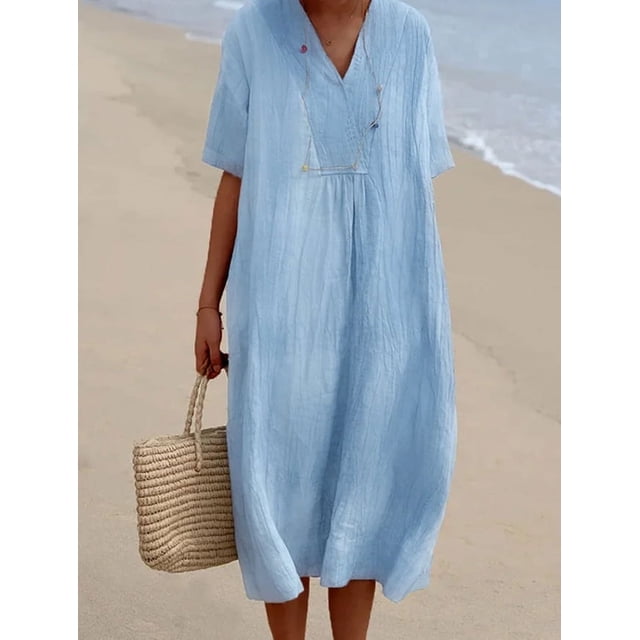 Vestido de mujer de algodón y lino de color liso con escote en V grande y moderno