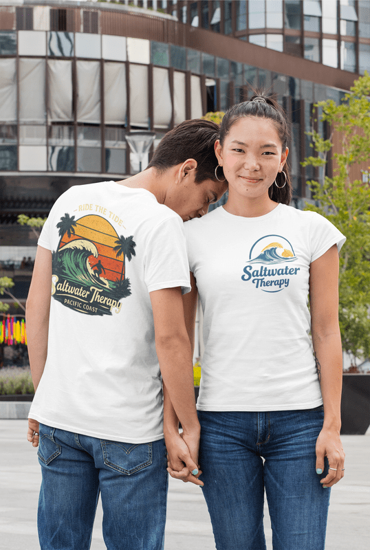 Saltwater Therapy Surf T-Shirt – Ride the Tide Beach Graphic Tee, Front & Back Print Coastal Shirt, Unisex Crewneck