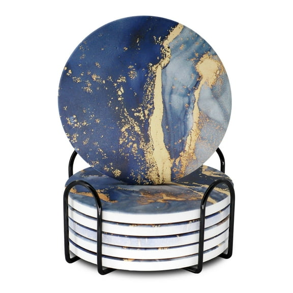 6 Pcs Navy Blue Marble Ceramic Coasters With Holder Absorbent Drink Gold Coaster Set Table Decorative Coffee Cup Outdoor Round Abstract Cute Beverage Fun Wine Beer Bar