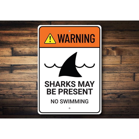 Warning Sharks Present Novelty Decor, Metal Wall Sign - 10x14 Inches