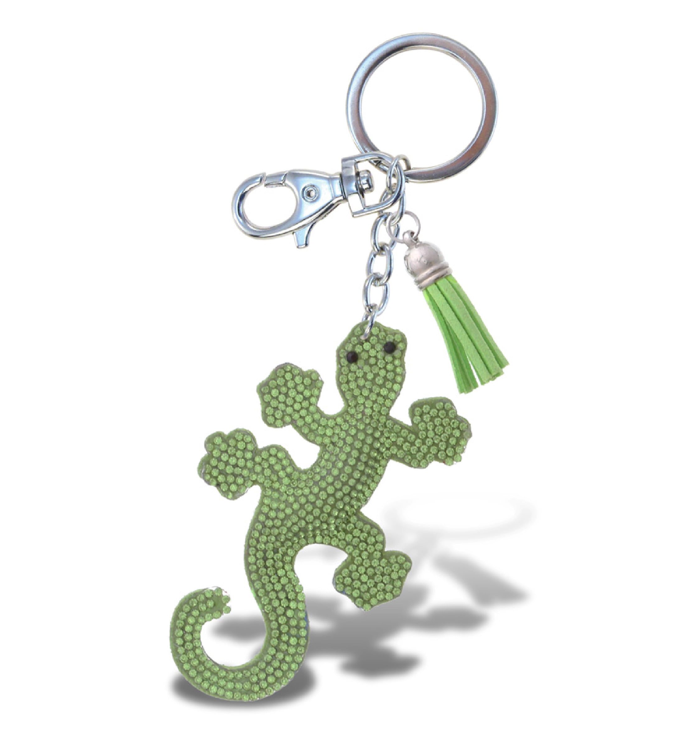 Green Sparkling Rhinestones Charm with Tassel & Clasp Aqua79 Gecko Keychain 