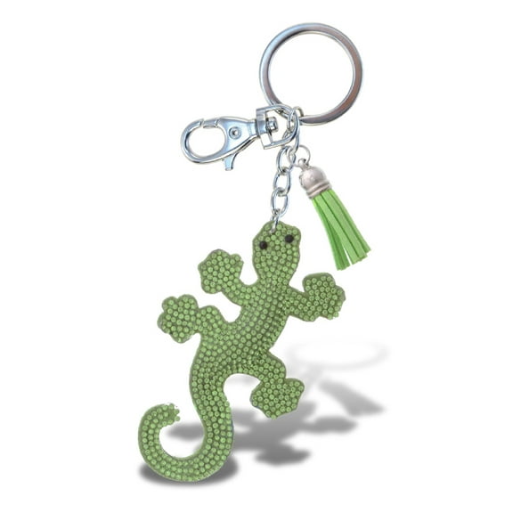 Aqua79 Gecko Keychain - Green Sparkling Rhinestones Charm with Tassel, Fashionable Stylish Polyester PU Reptiles Key Ring Bling Crystal Jewelry Accessory with Clasp For Keychain, Bag, Purse & Backpack