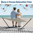 thumbnail image 3 of Double Outdoor Hammock with Stand, Quilted 2 Person Hammock with Spreader Bar and Pillow, Adjustable Steel Frame, Cotton Rope, Max 500 lbs, Light Gray Stripe Deep Blue Stripe Off White Dark Gray, 3 of 8