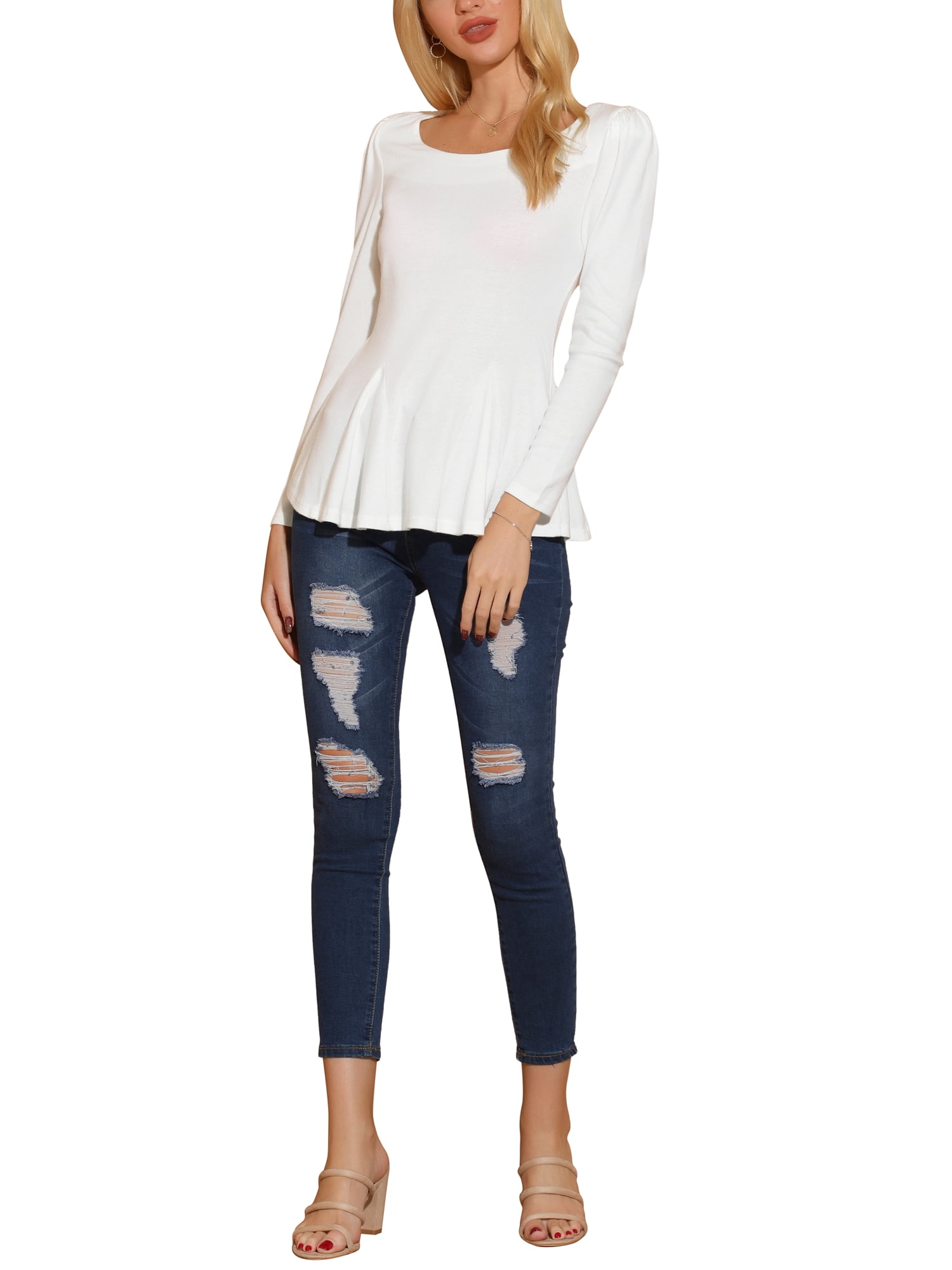 DARING DIVA Women's Long Sleeve Scoop Neck Top XL White