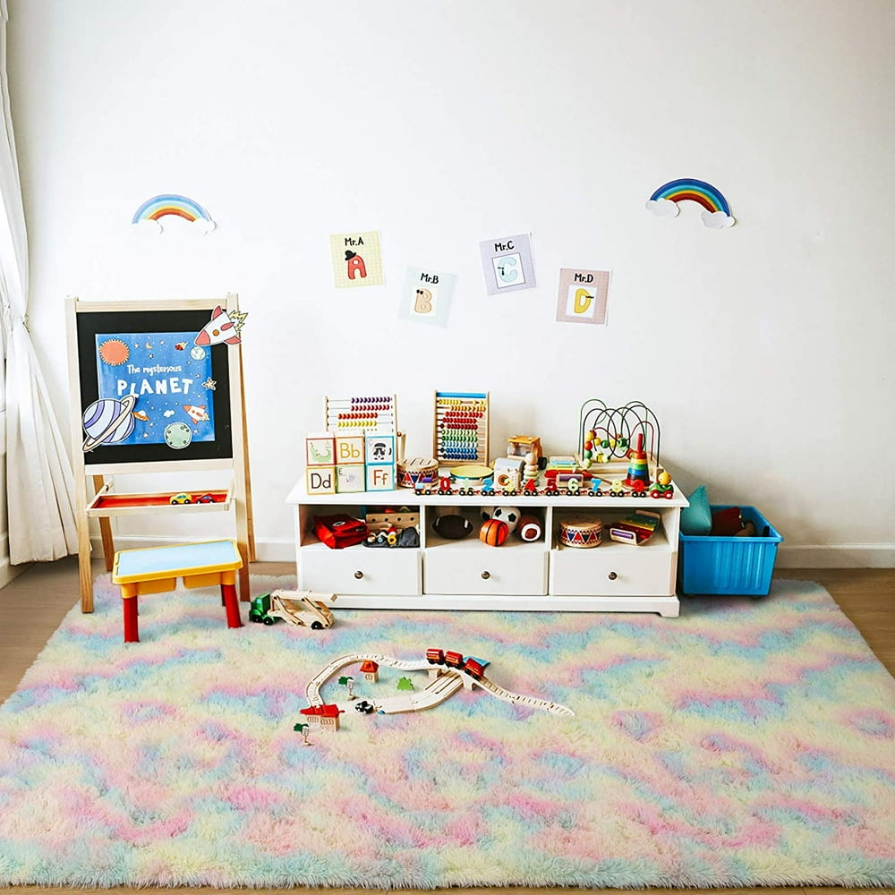 Fluffy Rainbow Bedroom Rugs Shaggy Geometric Design Area Rug Mat for