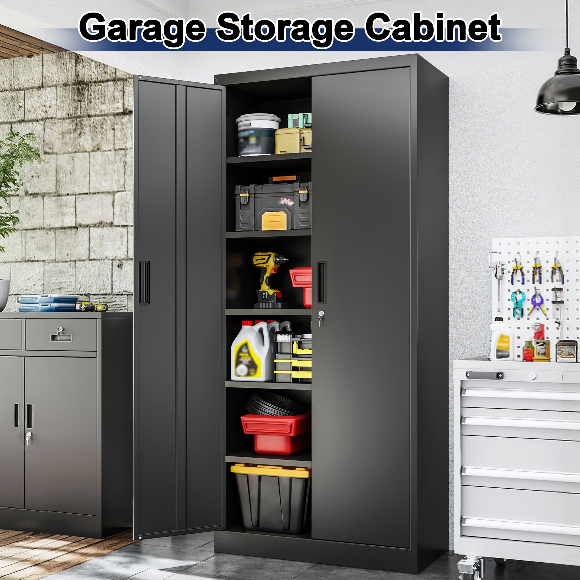 BESFUR Metal Cabinet with 5 Adjustable Shelves and Doors, Locking Storage Cabinet for Garage, Classroom and Office - Black