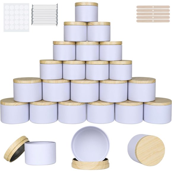 CONNOO 24-Pack Candle Tins - 12x 8oz & 12x 4oz Matte White Containers with Wick Kit and Wood Lids, for Candle Making, Storage, and Gifting