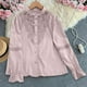 thumbnail image 2 of Top de manga larga,Blusa de encaje para mujer, cuello redondo, manga larga, botones, mezcla de poliéster, ropa informal para el hogar o la oficina, sopatenor, 2 of 9