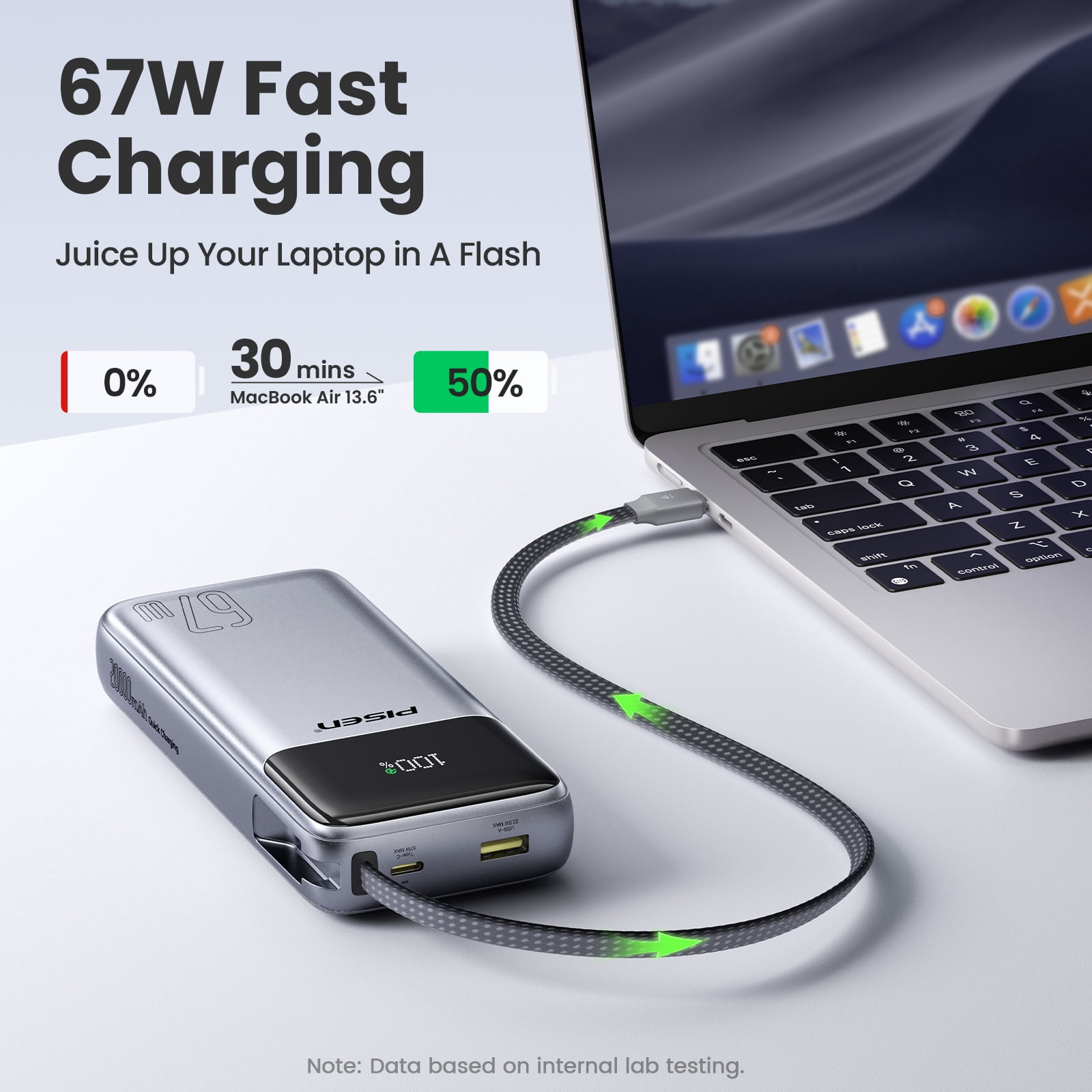 PISEN 3C Certified Power Bank - 20000mAh 67W Power Bank with Built in Cable,Travel Battery Pack Portable 3C Charger with LED Display, Portable Charger with Built in Cable for iPhone, Samsung and More