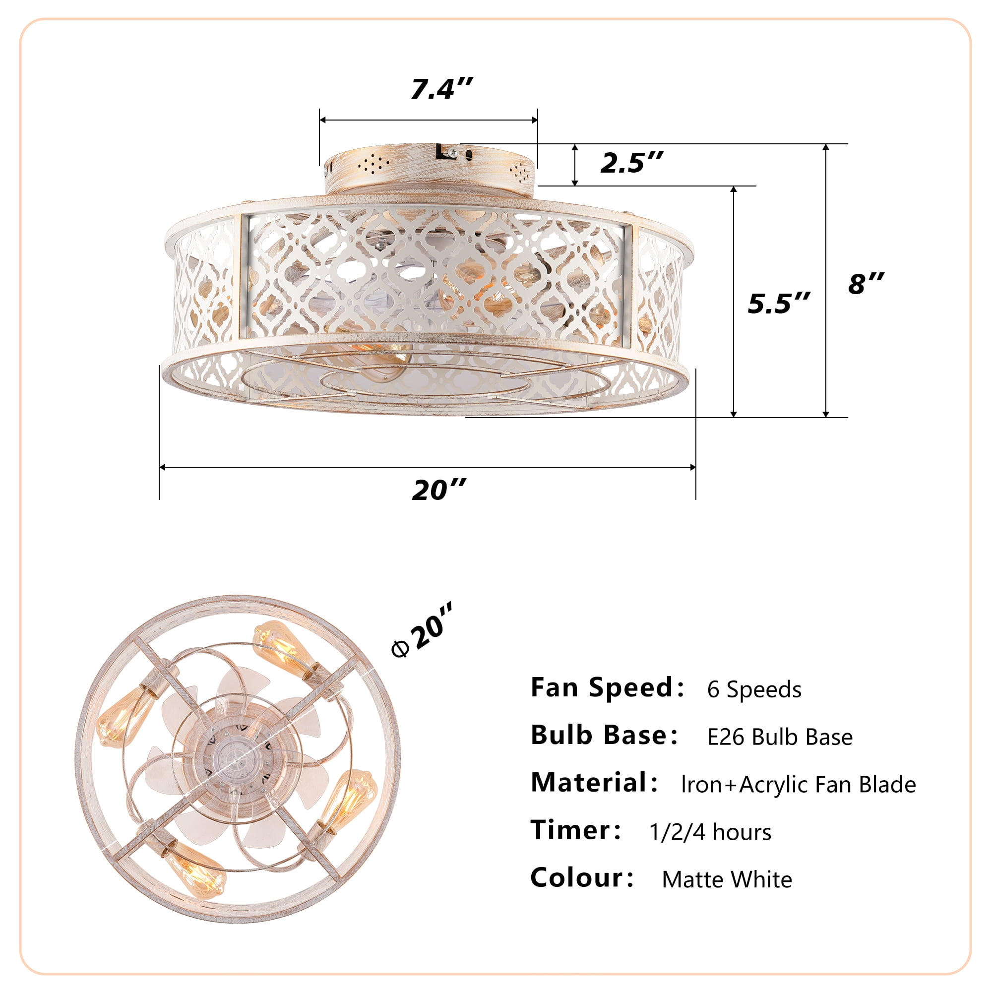 Leumius 20" Flower Style Iron Ceiling Fans with Light and Remote,Flush Mount Caged Ceiling Fan for Living Room Bedroom Dining Room White (NOT Included Bulbs)