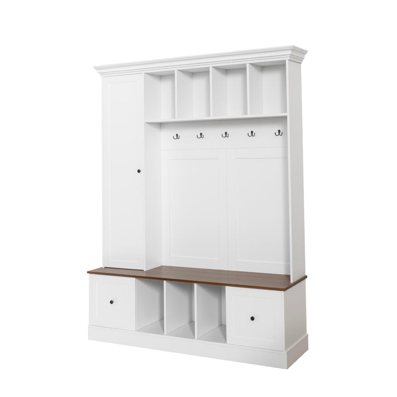Farmhouse Hall Tree with Open Compartments, Entryway Coat Rack with 5 Hooks and Adjustable Shelf Cabinet, Entryway Bench for Hallway, Entryway, Living Room