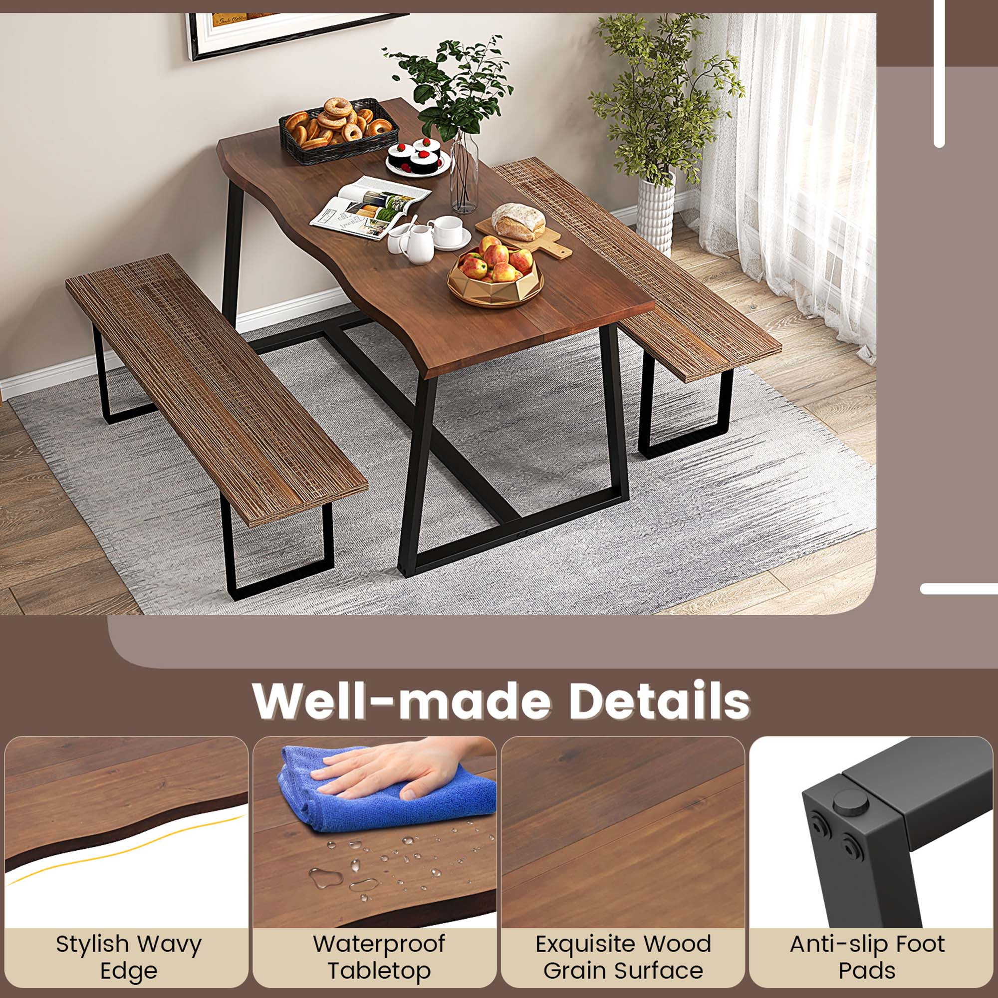 Costway 63" Large Dining Table for 4-6 People with Wavy Edge Heavy-duty Metal Frame Coffee