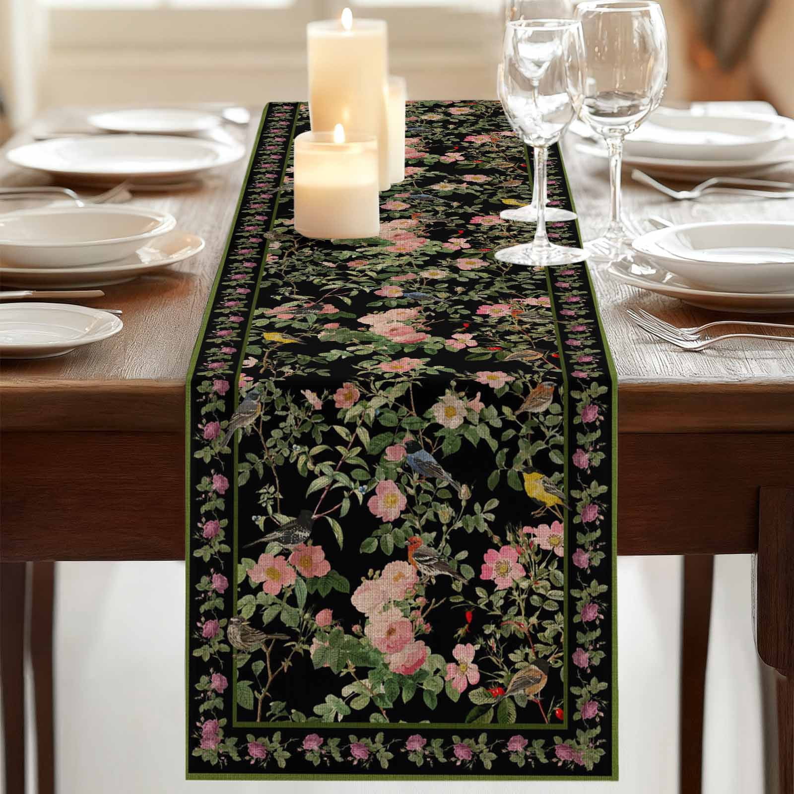 Black Spring Floral Burlap Cotton Table Runner 13x90 Inches Long, Elegant Pastoral Flowers Birds Retro Art Farmhouse Table Runners, Outdoor Dining Tablecloths Decor for Baby Shower/Party/Wedding