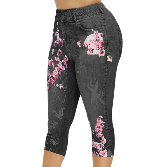 Lumento Women Denim Print Capri Leggings Tummy Control Look Jeggings Seamless Fake Jeans Ladies Stretchy Trousers Skinny High Waist Pencil Pants Black L