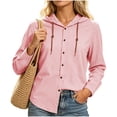 thumbnail image 2 of Womens Tops 100% Cotton Hooded Button Down Fashion Drawstring Long Sleeve Jacket Top, 2 of 7