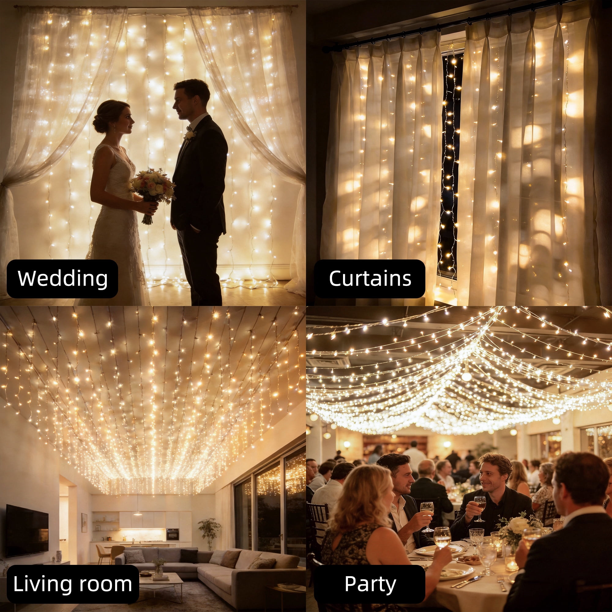 Beatineon 600 LED Curtain Lights, 9.8x9.8Ft, Plug in Window Curtain Lights, Hanging Christmas String Lights for Bedroom Garden Wedding Party Outdoor Indoor Wall Decorations,Warm White