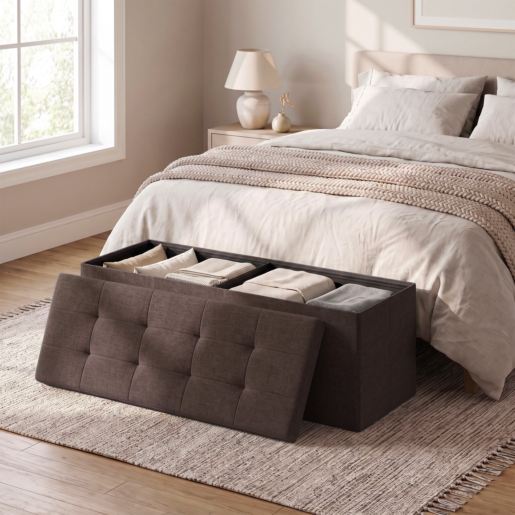 Ledrem Brown Foldable Storage Ottoman Bench with 660lb Capacity