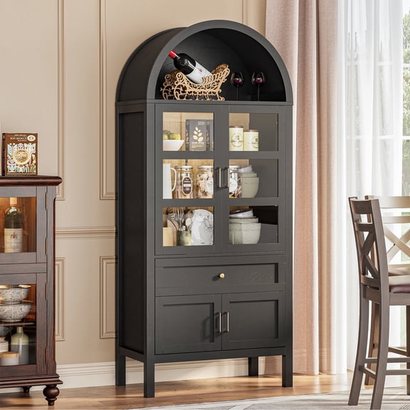 71" Tall Arched Bookshelf, Kitchen Pantry Storage Cabinet, 3-Tier Bookcase with 2 Glass Doors for Living Room, Kitchen, Home Office, Black