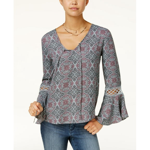 Hippie Rose Juniors Printed Crochet Bell Sleeve Top Teal Manadala Tile XS