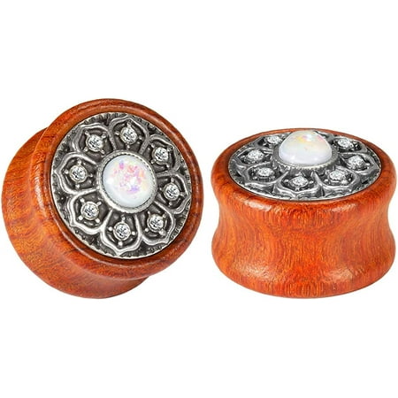 

KUBOOZ (1 Pair Vintage Wood Opal Center Flower Ear Plugs Tunnels Gauges Stretcher Piercings (16MM)