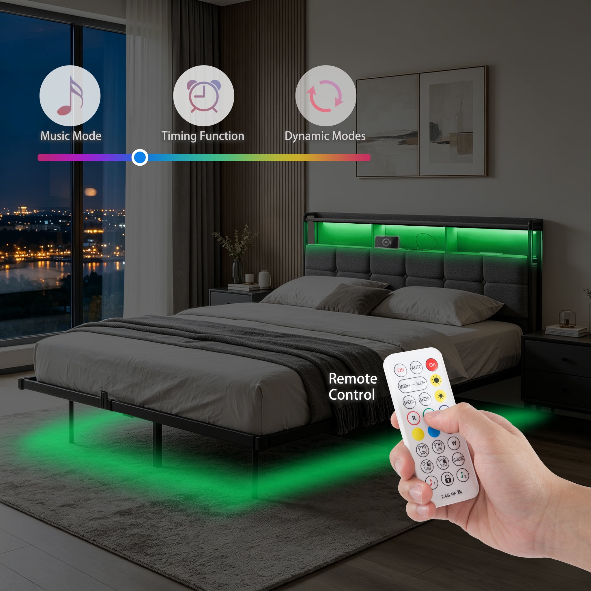 Gewnee Queen Size Bed Frame with RGB LED Lights & Charging Station,Platform Metal Bed Frame with Storage Headboard for Bedroom,No Box Spring Needed.