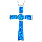 Created Blue Opal Sterling Silver Cross Necklace, 18"