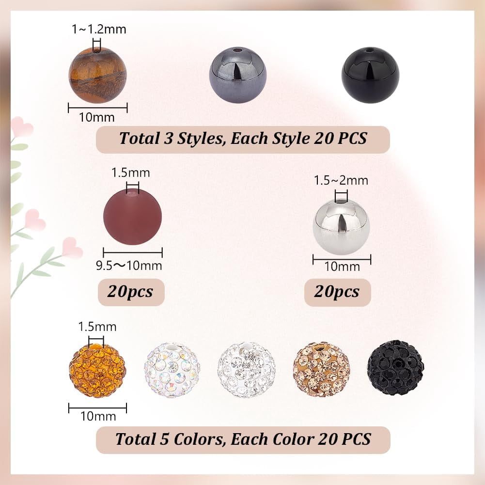 200pcs Black Brown Gold White Beads for Fall Boho Bracelet 10mm Gemstone Rhinestone Round Glass Pave Disco Ball Clay Beads for Jewelry Making 10 Styles Mixed Color