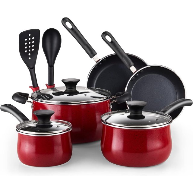 Cook N Home Pots and Pans Nonstick Cookware Set 10-Piece, Belly Shape Kitchen Cooking Set with Frying Pans and Saucepans, Induction Compatible, Marble Red