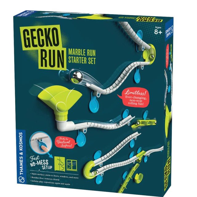 Gecko Run: Marble Run Ensemble de Départ par Thames & Kosmos, un Ensemble de Jeu de Construction Multicolore pour Enfants de 8 Ans et Plus. l'Emballage Met en Valeur des Rails Flexibles Fixés sur des surfaces Lisses comme des Fenêtres et des Portes à l'Aide de Tampons Nano-Adhésifs. Comprend Plus de 60 Pcs Telles Que des Rails, des Billes, des Leviers et un Entonnoir, Conçu pour Créer des Couloirs de Marbre Verticaux avec des Collines, des Sauts et des Torsades. Fabriqué à Partir de Matériaux Renouvel