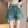 thumbnail image 2 of Athletic Shorts Women's Stretchy Wide Leg Jean Shorts,High Waisted Rolled Jean Short Pants with Pockets 2025 Trendy Clothes Blue L, 2 of 5