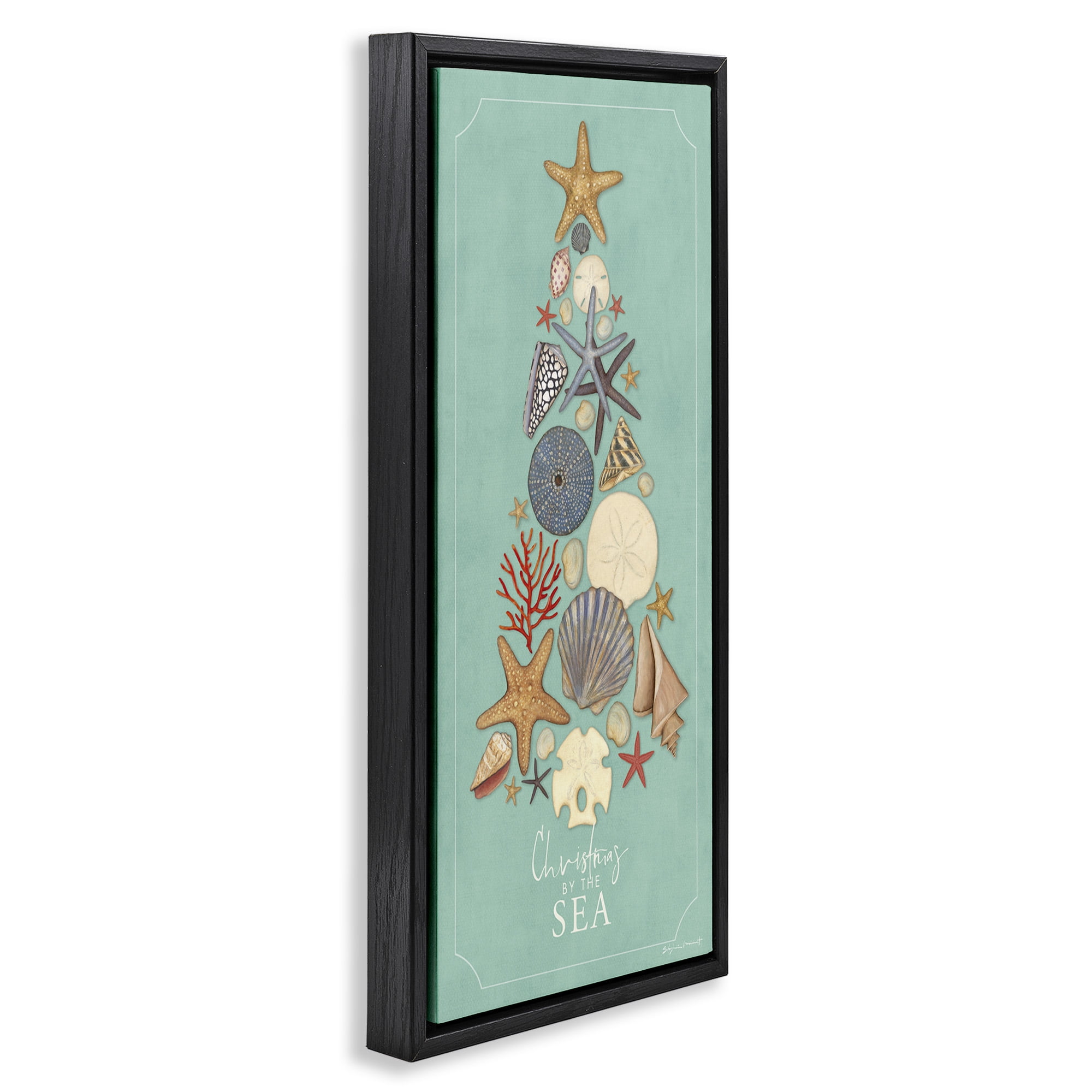 Stupell Industries Seashell Holiday Tree Holiday Painting Black Floater Framed Canvas Art Print Wall Art, 11 x 25