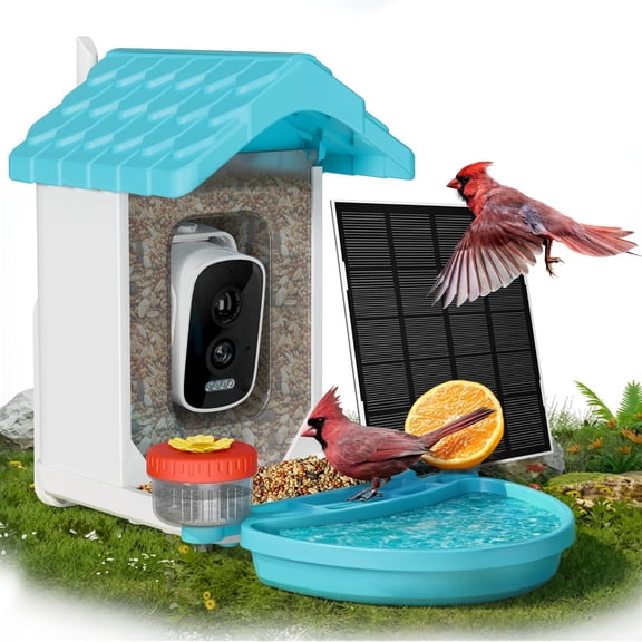 Smart Wild Bird Feeder & Bath with 4K HD Camera, AI Identification Solar Bird Watching Camera Night Vision for Outdoor Birds Watching, Blue