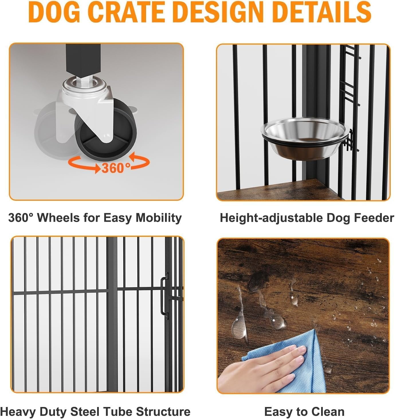 Yeshouse Portable Dog Crate Furniture - Movable Wooden Dog Kennel with Adjustable Feeder and Side Table Function