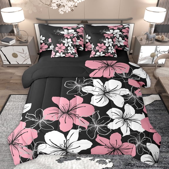 Homewish Cute Cartoon Floral 7-Piece Twin Bedding Sets,Country Natural Plant Bedding Comforter Set,Pink Black White Sheet Sets For Adult,Super Cozy Room Decor Reversible