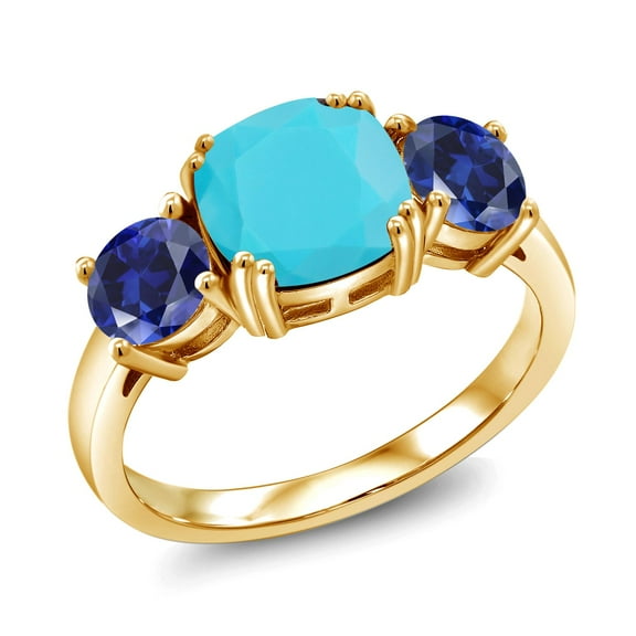 Gem Stone King 18K Yellow Gold Plated Silver Green Turquoise and Blue Created Sapphire 3 Stone Engagement Ring for Women (3.20 Cttw, Gemstone, Cushion 8MM, Size 9)