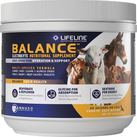 ANNUSO LIFELINE Balance Multi-Species Electrolyte Nutritional Supplement, 4oz Jar - Hydration & Support for Calves, Foals, Lambs, Piglets & More - Easy Mix Powder