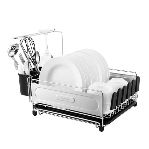 happimess DSH1000A Compact 17.25" Fingerprint-Proof Stainless Steel Dish Drying Rack With Wine Glass Holder, Stainless Steel/Black
